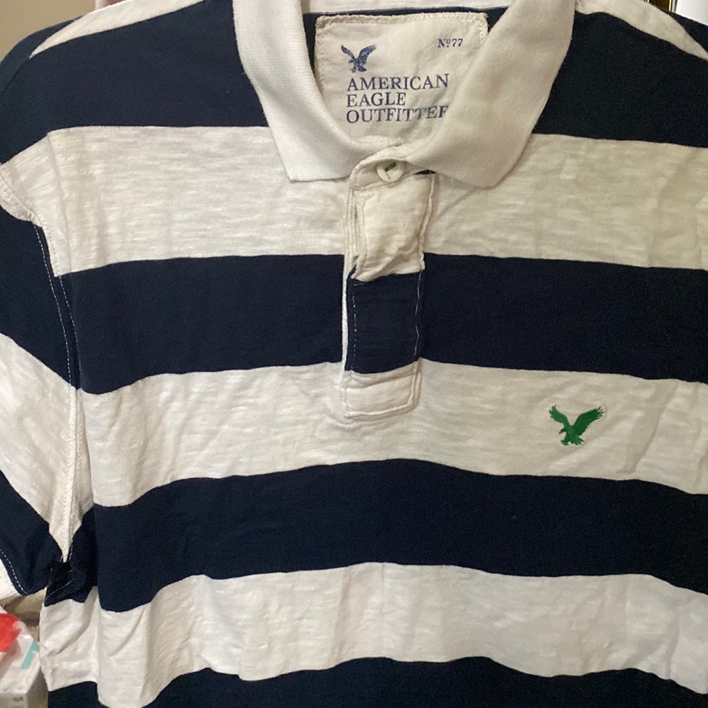 Navy and white striped American eagle polo